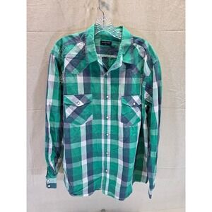 Double Pump Mens XL Green Plaid Western Pearl Snap Long Sleeve Shirt
